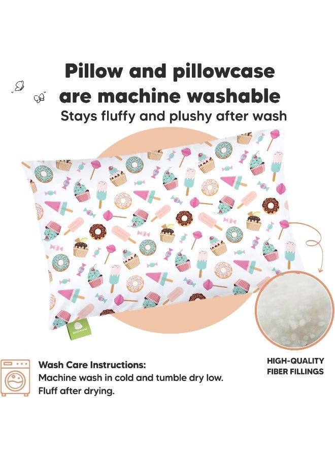 My Little Dreamy Toddler Pillow With Pillowcase - Organic Cotton for Sleeping, Kids, Travel - Mini Bed Pillow (Sweet Tooth)