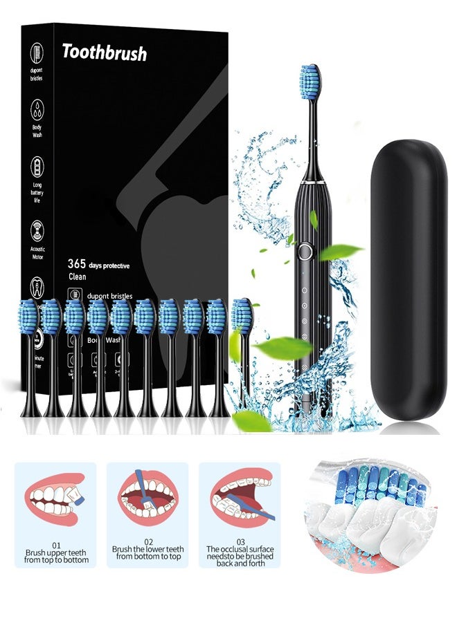 Sonic Electric Toothbrush - with 10 Brush Heads and Travel Case - 180 Days on a Single Charge - 6 Modes - 42000 high-Frequency Vibration - 2 Minutes Built-in Smart Timer for Adults and Teenagers (Black)