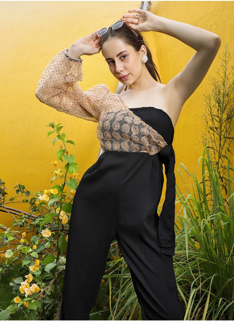 Women's Black & Beige Self-Design Jumpsuit