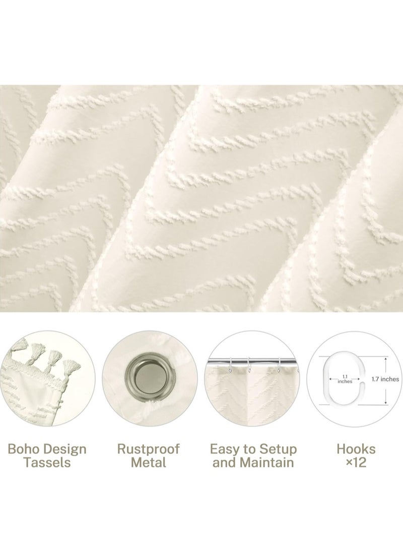 Boho Shower Curtain Beige Tassel Woven Fabric Shower Curtain Modern Farmhouse Textured Tufted Chevron Striped Minimalist Bathroom Hotel, 182*182CM