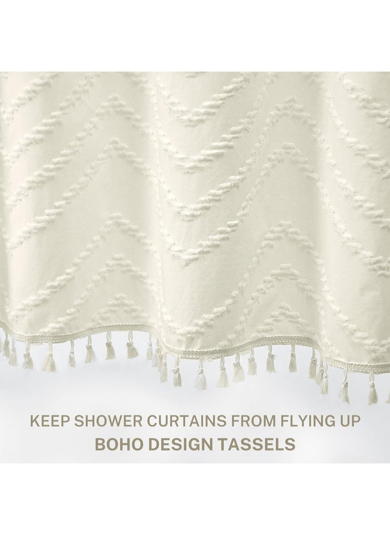 Boho Shower Curtain Beige Tassel Woven Fabric Shower Curtain Modern Farmhouse Textured Tufted Chevron Striped Minimalist Bathroom Hotel, 182*182CM