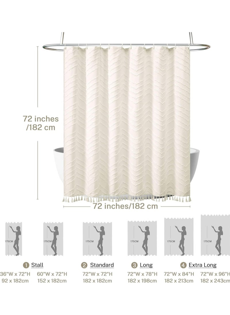 Boho Shower Curtain Beige Tassel Woven Fabric Shower Curtain Modern Farmhouse Textured Tufted Chevron Striped Minimalist Bathroom Hotel, 182*182CM