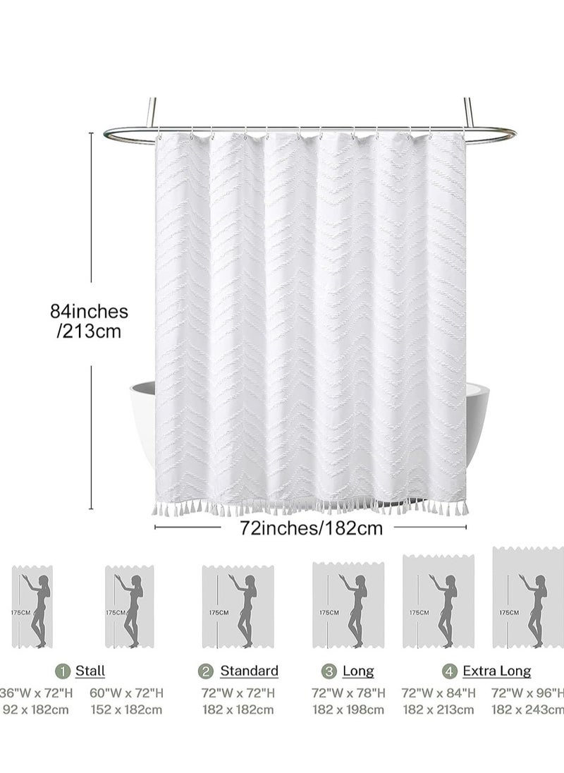 Boho Shower Curtain White Tassel Woven Fabric Shower Curtain Modern Farmhouse Textured Tufted Chevron Striped Minimalist Bathroom Hotel, 182*213CM