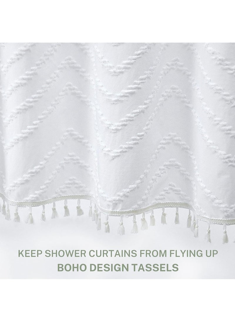 Boho Shower Curtain White Tassel Woven Fabric Shower Curtain Modern Farmhouse Textured Tufted Chevron Striped Minimalist Bathroom Hotel, 182*182CM