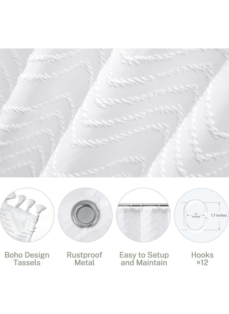 Boho Shower Curtain White Tassel Woven Fabric Shower Curtain Modern Farmhouse Textured Tufted Chevron Striped Minimalist Bathroom Hotel, 182*182CM