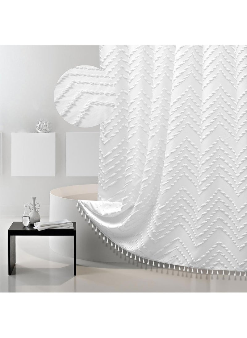 Boho Shower Curtain White Tassel Woven Fabric Shower Curtain Modern Farmhouse Textured Tufted Chevron Striped Minimalist Bathroom Hotel, 182*182CM