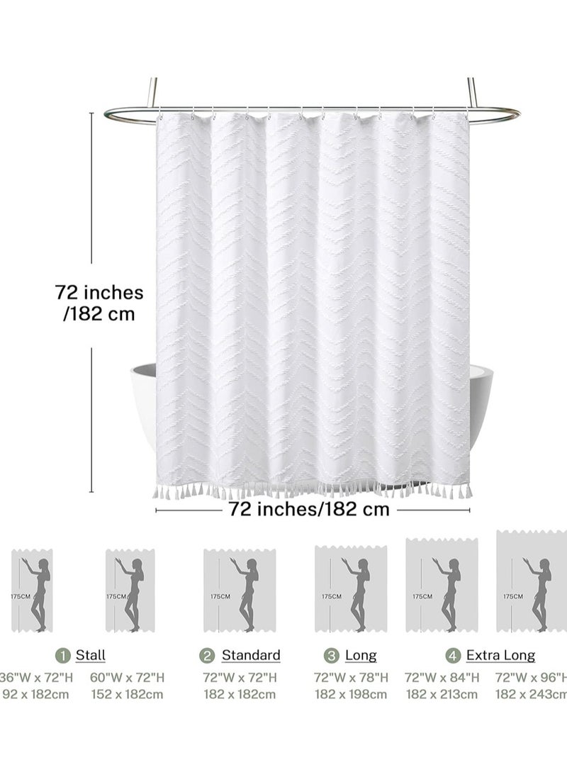 Boho Shower Curtain White Tassel Woven Fabric Shower Curtain Modern Farmhouse Textured Tufted Chevron Striped Minimalist Bathroom Hotel, 182*182CM