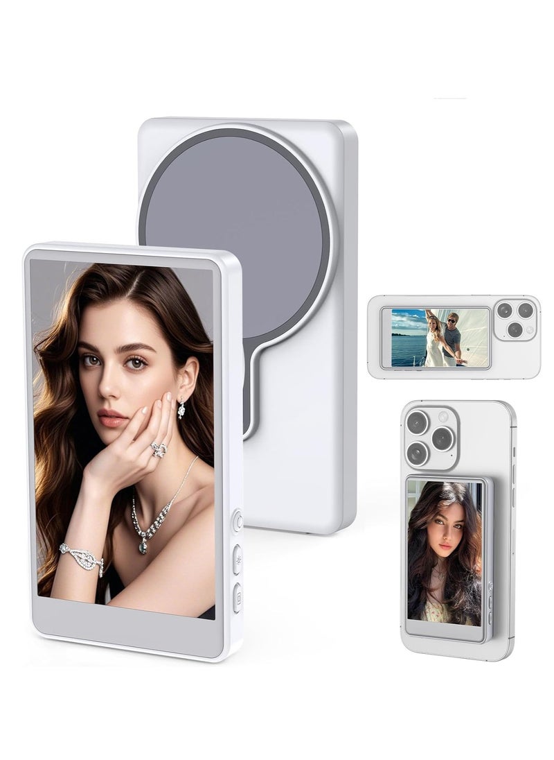Vlog Selfie Monitor Screen for Smartphone Rear Camera || 4--Inch Wireless Display with Magnetic Mount & Remote | Compatible with iPhone | Ideal for Vlogging, Live Streaming, Selfies & YouTube Content || Lightweight, Portable Monitor (White)