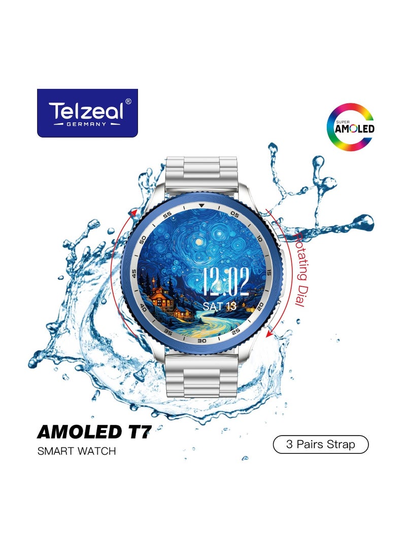 TELZEAL AMOLED T7 SMARTWATCH, 50M Depth Waterproof, Silver Set Display