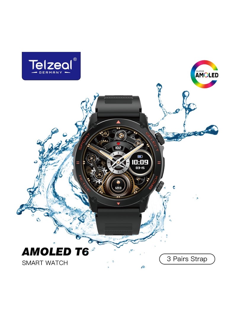 Telzeal AMOLED T6 Smart Watch – Rugged Waterproof Fitness Watch with Super AMOLED Display & 3 Straps
