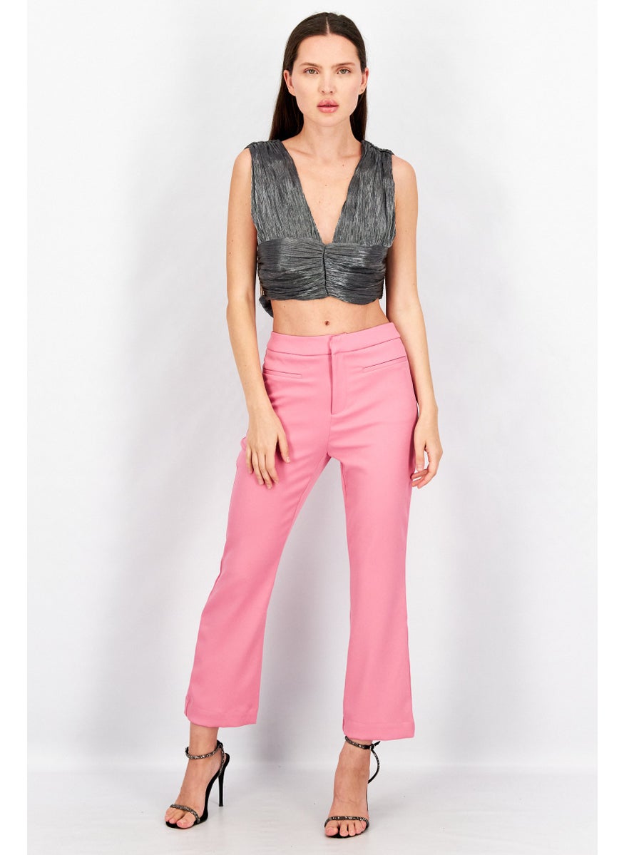 Women V-Neck Sleeveless Textured Crop Top, Dark Grey