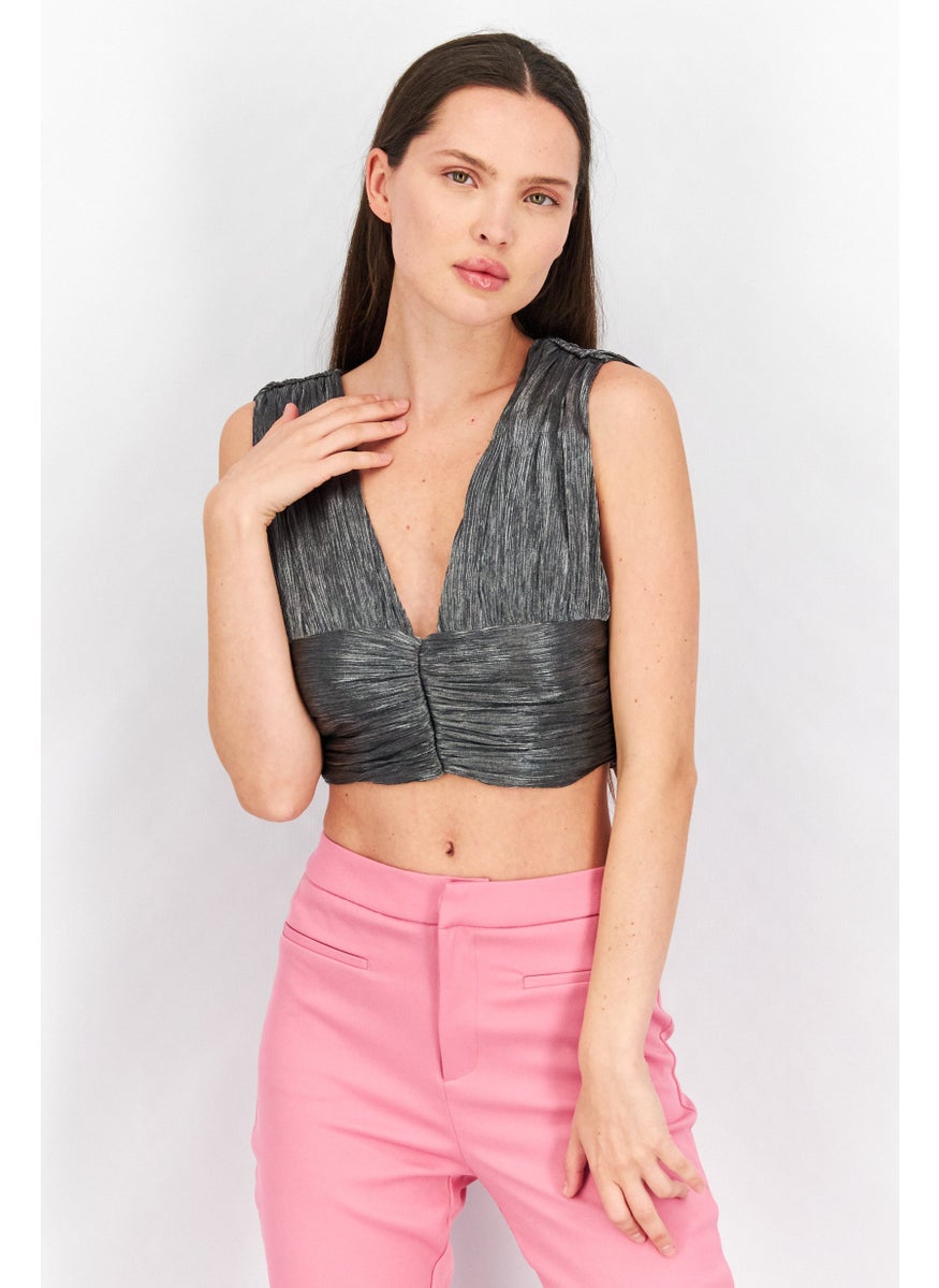 Women V-Neck Sleeveless Textured Crop Top, Dark Grey