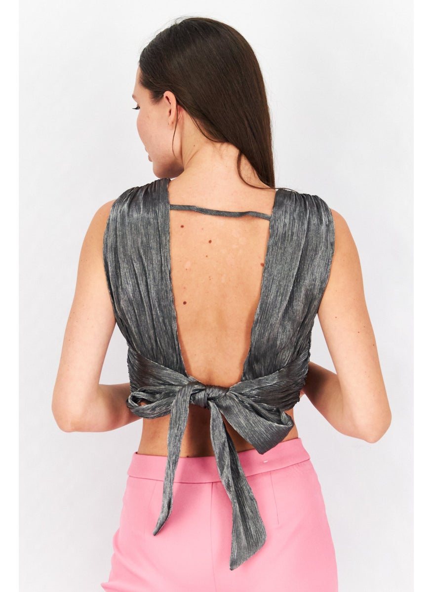 Women V-Neck Sleeveless Textured Crop Top, Dark Grey