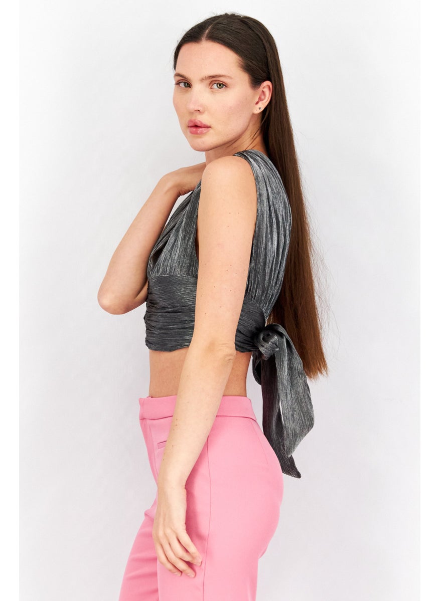Women V-Neck Sleeveless Textured Crop Top, Dark Grey