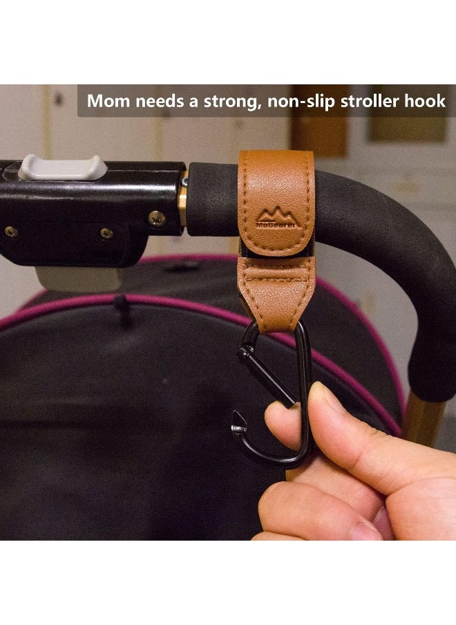 Baby Stroller Hooks Bag Hooks for Hanging Diaper Bags Multipurpose Hooks for Grocery Shopping Bags Premium Vegan Leather Pram Straps 2 Pcs (Brown)