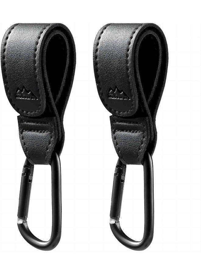 MoBearer Baby Stroller Hooks Bag Hooks for Hanging Diaper Bags Multipurpose Hooks for Grocery Shopping Bags Premium Vegan Leather Pram Straps 2 Pcs (Black)