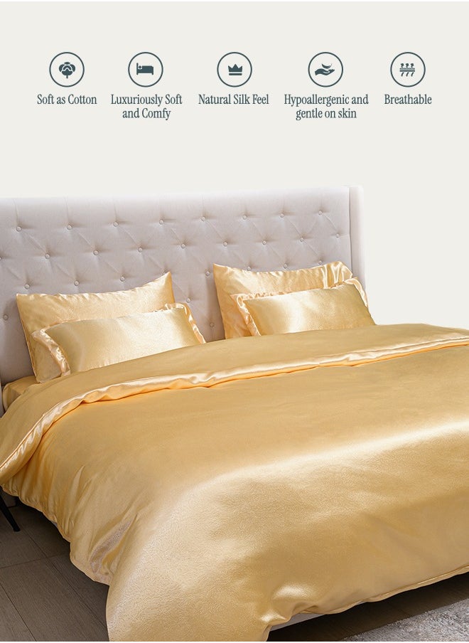 Royal Silk Duvet Set (6-Piece) Gold King Size (220x240 cm), Sumptuously Smooth, Cooling & Skin-Friendly | Includes 1 Silk-Based Duvet Cover, 1 Fitted Bedsheet & 4 Pillow Covers with Zipper