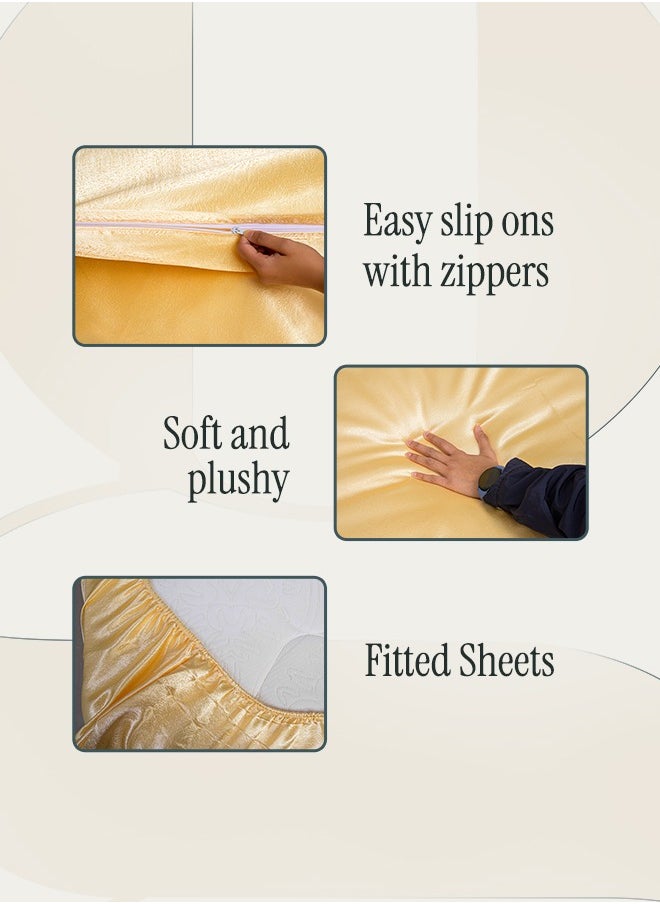 Royal Silk Duvet Set (6-Piece) Gold King Size (220x240 cm), Sumptuously Smooth, Cooling & Skin-Friendly | Includes 1 Silk-Based Duvet Cover, 1 Fitted Bedsheet & 4 Pillow Covers with Zipper