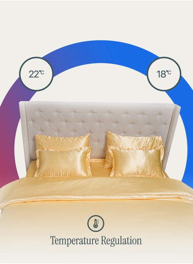 Royal Silk Duvet Set (6-Piece) Gold King Size (220x240 cm), Sumptuously Smooth, Cooling & Skin-Friendly | Includes 1 Silk-Based Duvet Cover, 1 Fitted Bedsheet & 4 Pillow Covers with Zipper