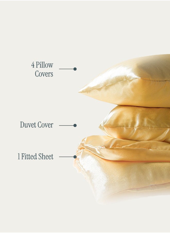 Royal Silk Duvet Set (6-Piece) Gold King Size (220x240 cm), Sumptuously Smooth, Cooling & Skin-Friendly | Includes 1 Silk-Based Duvet Cover, 1 Fitted Bedsheet & 4 Pillow Covers with Zipper