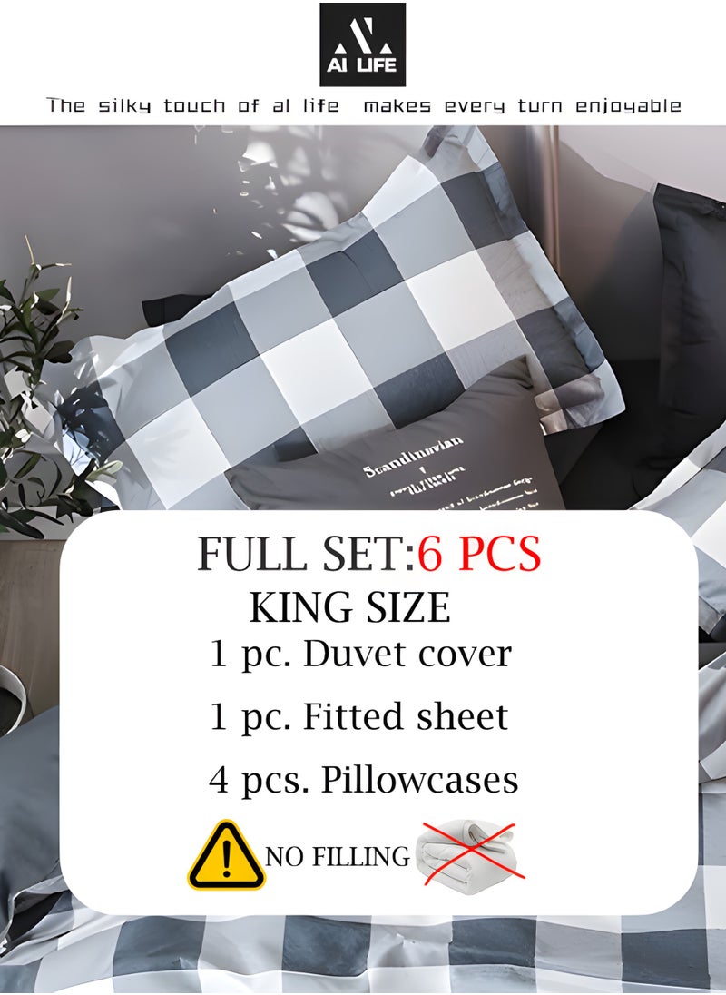 AI LIFE 6 Piece Luxury King Size Cotton Bedsheet | 1 Duvet Cover Set 220x240cm | 1 Fitted Sheet 200x200+30cm | 4 Pillow Cases 50x75cm