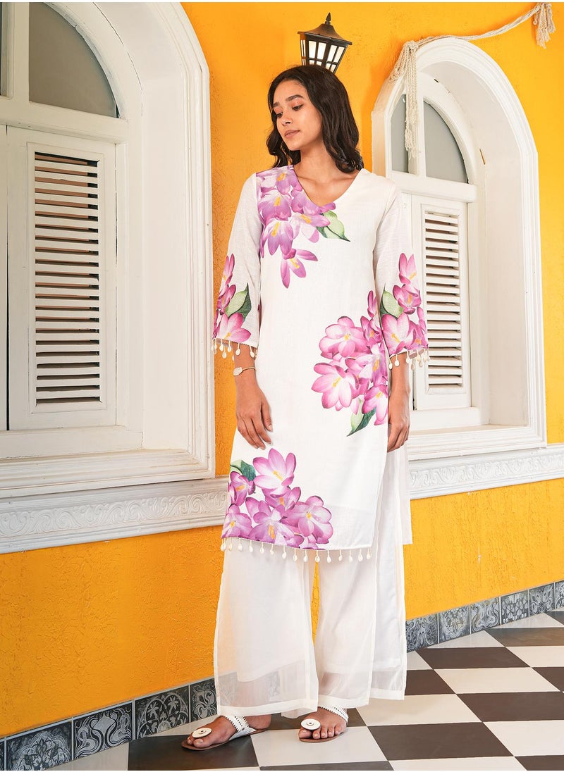 Women's Daisy White Whispering Botanics Kurta Set