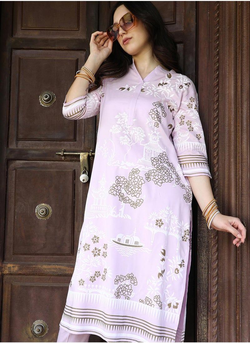 Women's Lilac Flora Cluster Print Kurta With Lilac Trousers Set
