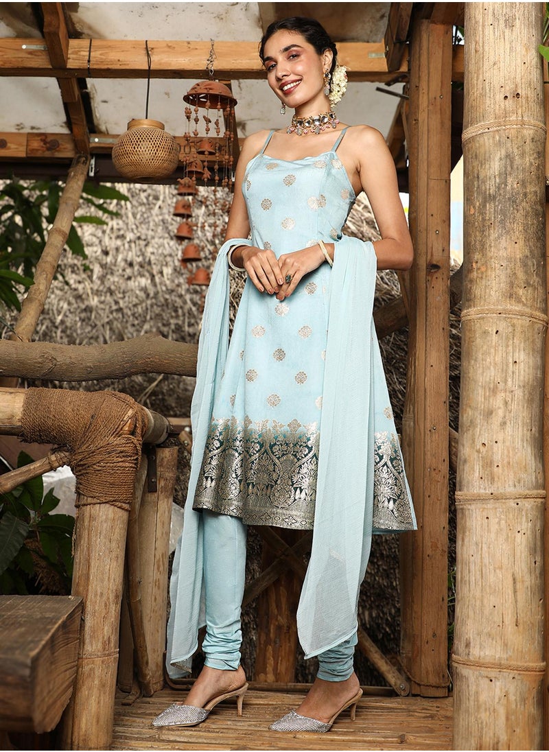 Women's Powder Blue Floral Zari Anarkali Set
