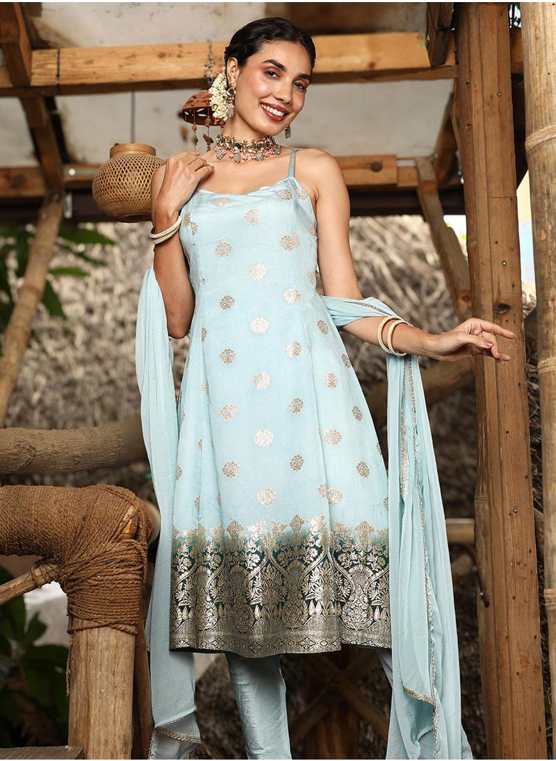 Women's Powder Blue Floral Zari Anarkali Set
