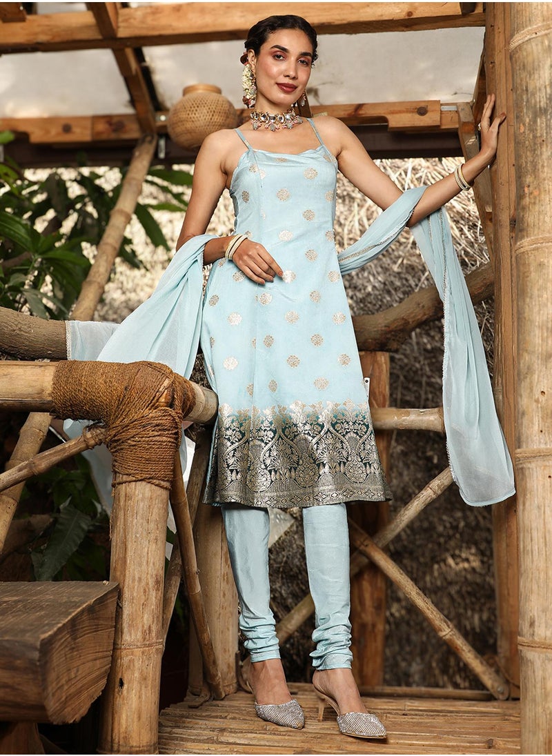 Women's Powder Blue Floral Zari Anarkali Set