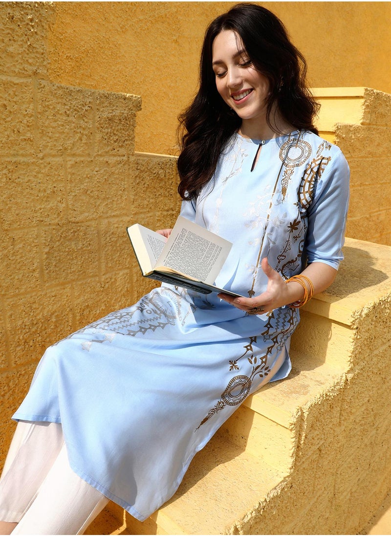 Women's Icy Blue Dreamcatcher Print Kurta With Chalk White Trousers Set