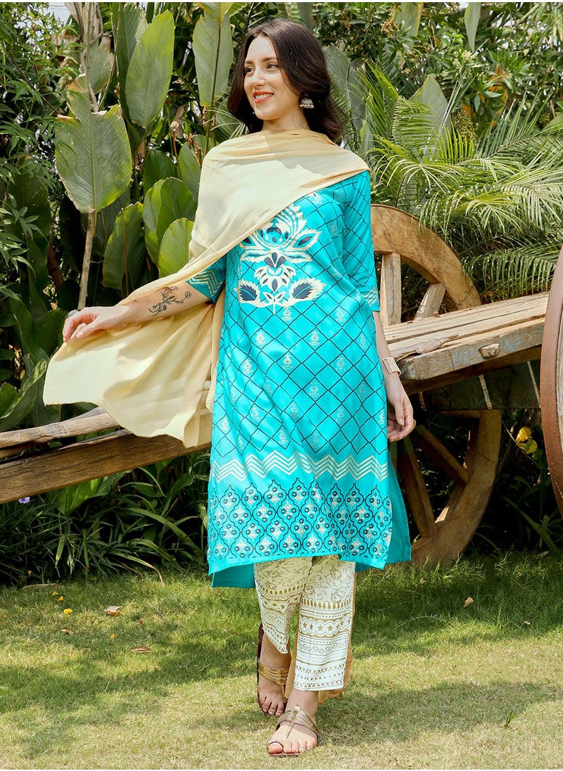 Women's Turquoise Blue Metallic Ethnic Print Kurta With Chalk White Metallic Print Trousers Set