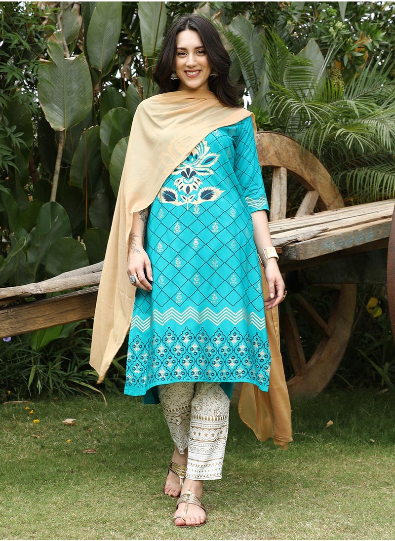 Women's Turquoise Blue Metallic Ethnic Print Kurta With Chalk White Metallic Print Trousers Set