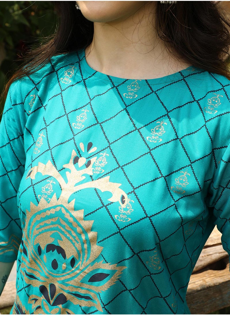 Women's Turquoise Blue Metallic Ethnic Print Kurta With Chalk White Metallic Print Trousers Set