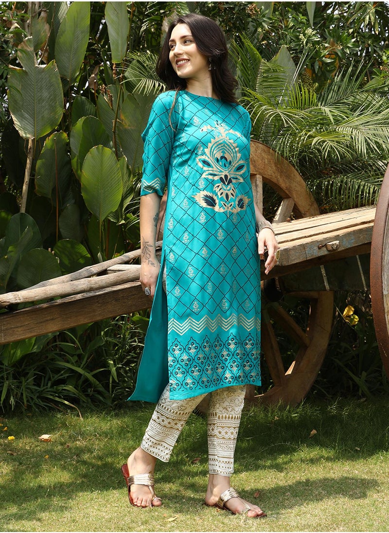 Women's Turquoise Blue Metallic Ethnic Print Kurta With Chalk White Metallic Print Trousers Set