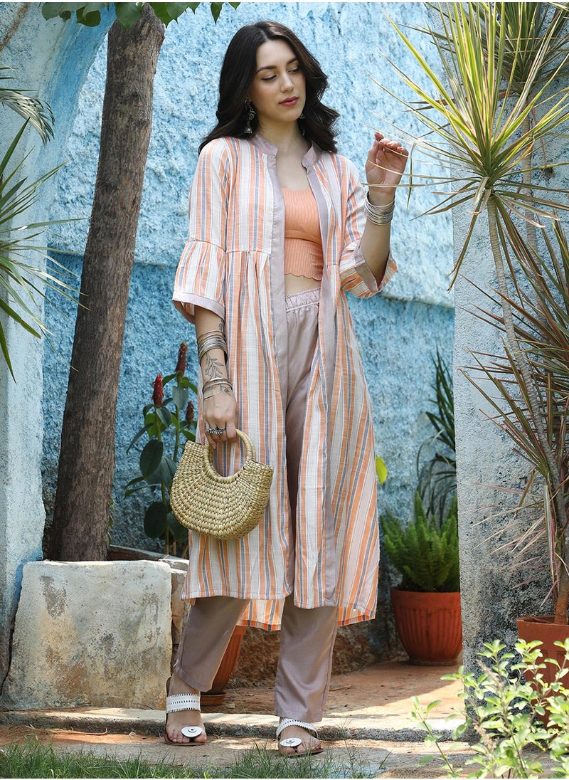 Women's Orange & White Halo Striped Jacket With Beige Kurta & Trousers Set