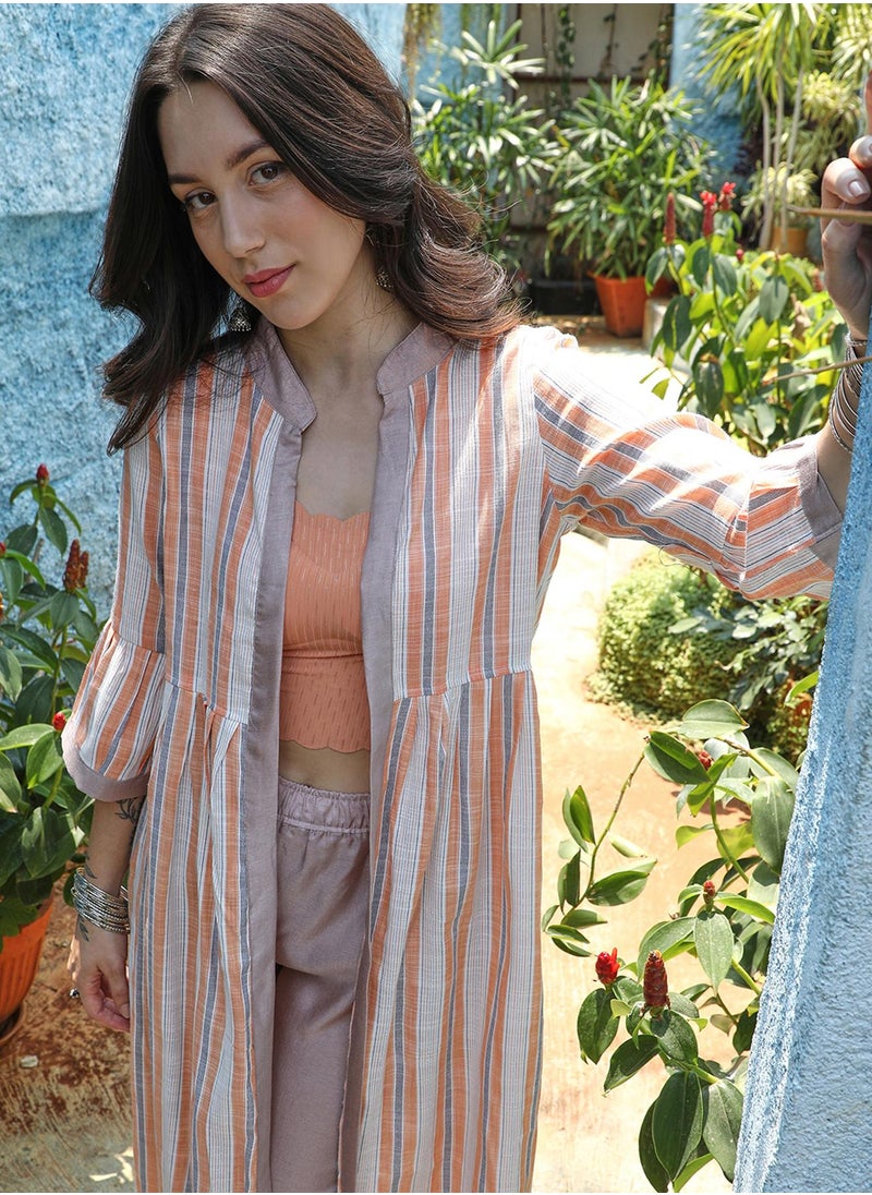 Women's Orange & White Halo Striped Jacket With Beige Kurta & Trousers Set
