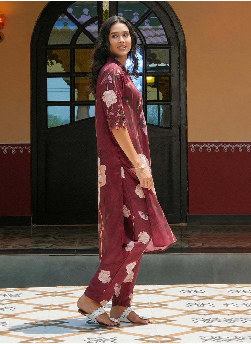 Women's Burgundy Red Bloomera Imprint Kurta Set