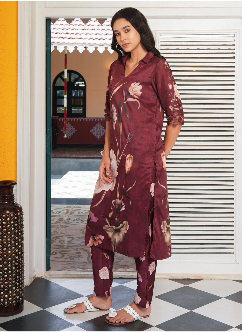 Women's Burgundy Red Bloomera Imprint Kurta Set