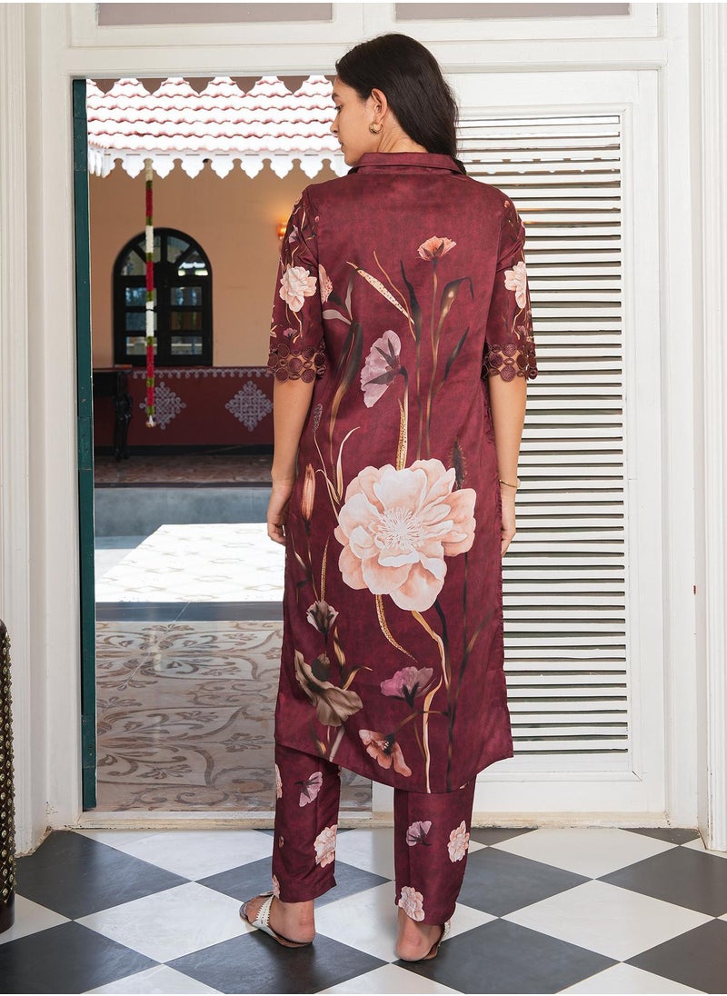 Women's Burgundy Red Bloomera Imprint Kurta Set