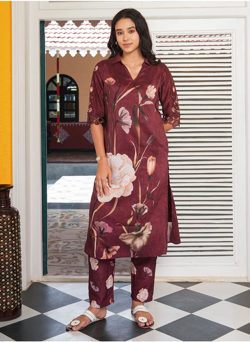 Women's Burgundy Red Bloomera Imprint Kurta Set