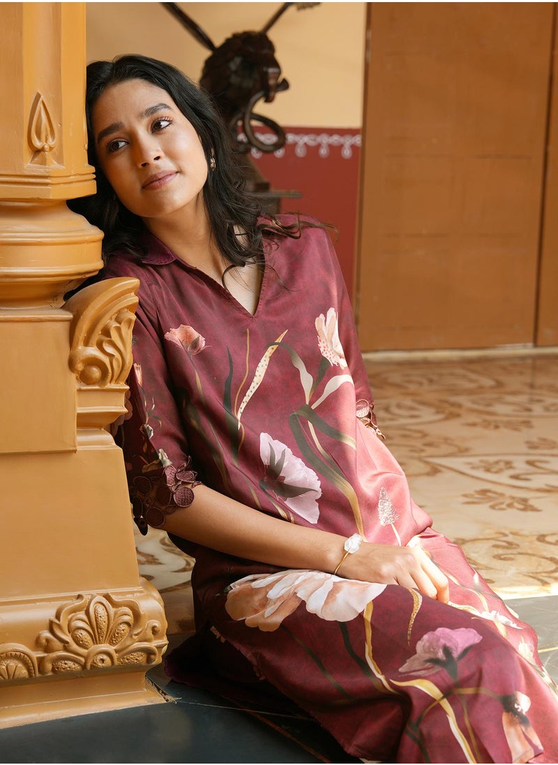 Women's Burgundy Red Bloomera Imprint Kurta Set
