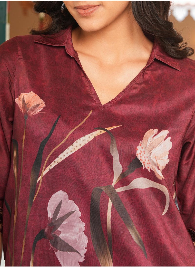 Women's Burgundy Red Bloomera Imprint Kurta Set