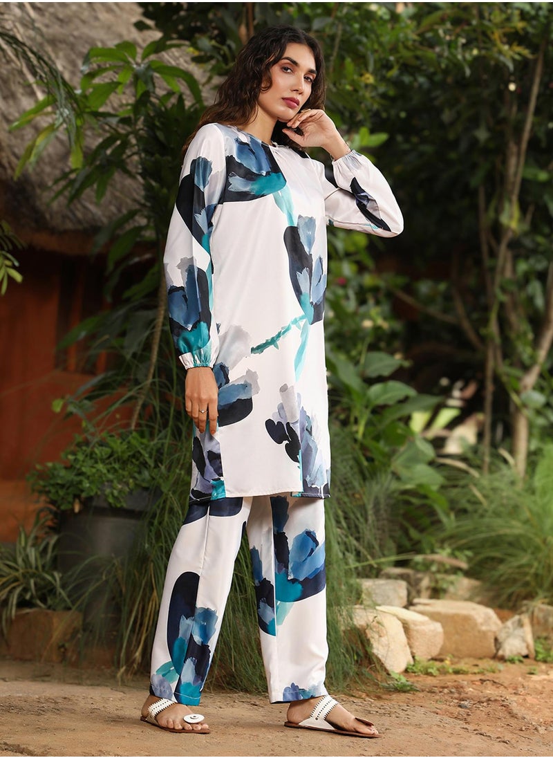 Women's Prussian Blue & Ivory White Artistic Floret Kurta Set
