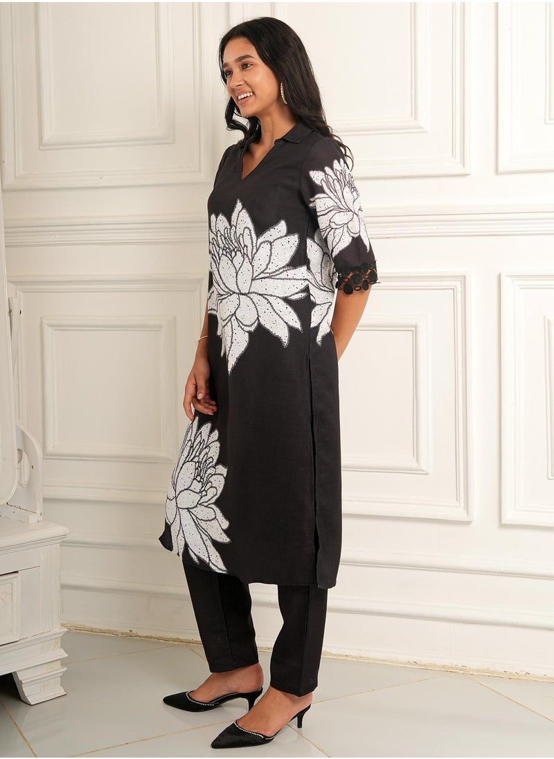 Women's Onyx Black Dahlia Imprint Kurta Set