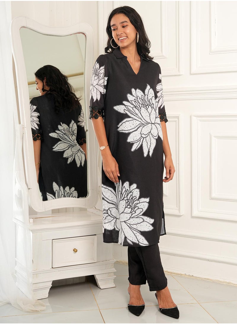 Women's Onyx Black Dahlia Imprint Kurta Set