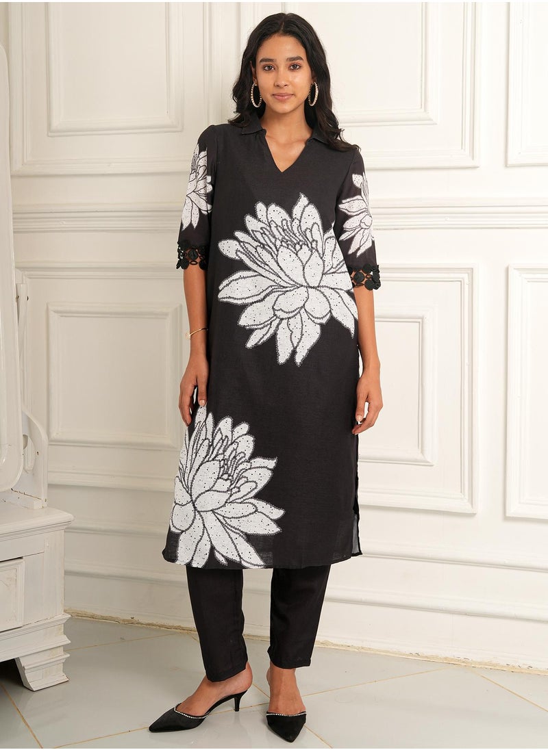 Women's Onyx Black Dahlia Imprint Kurta Set