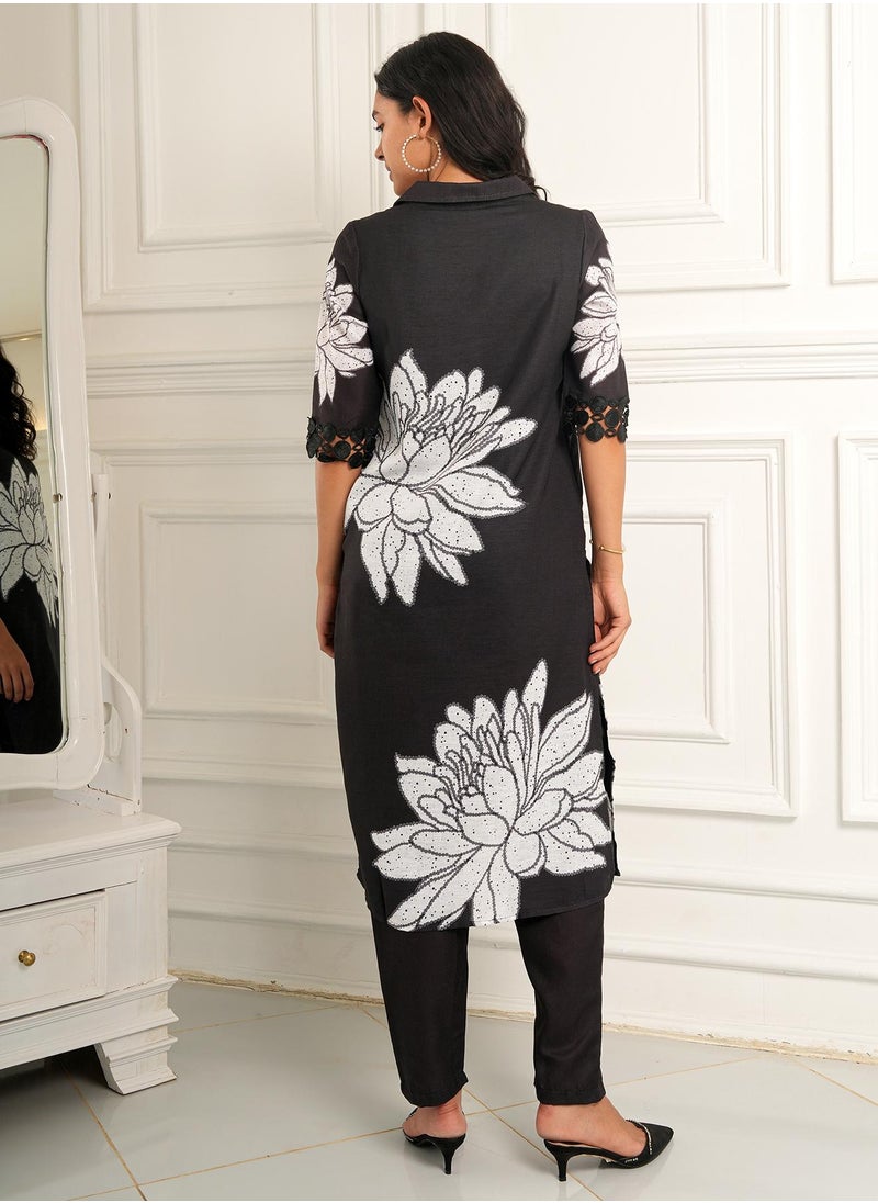 Women's Onyx Black Dahlia Imprint Kurta Set