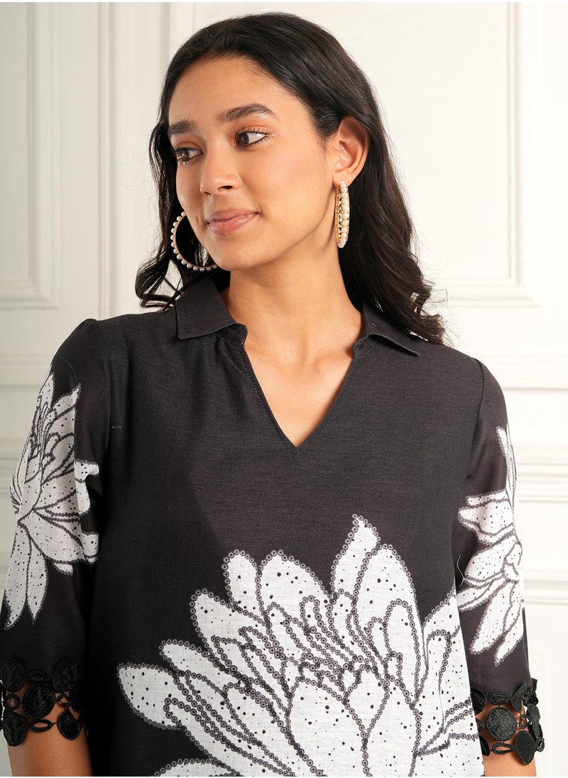 Women's Onyx Black Dahlia Imprint Kurta Set