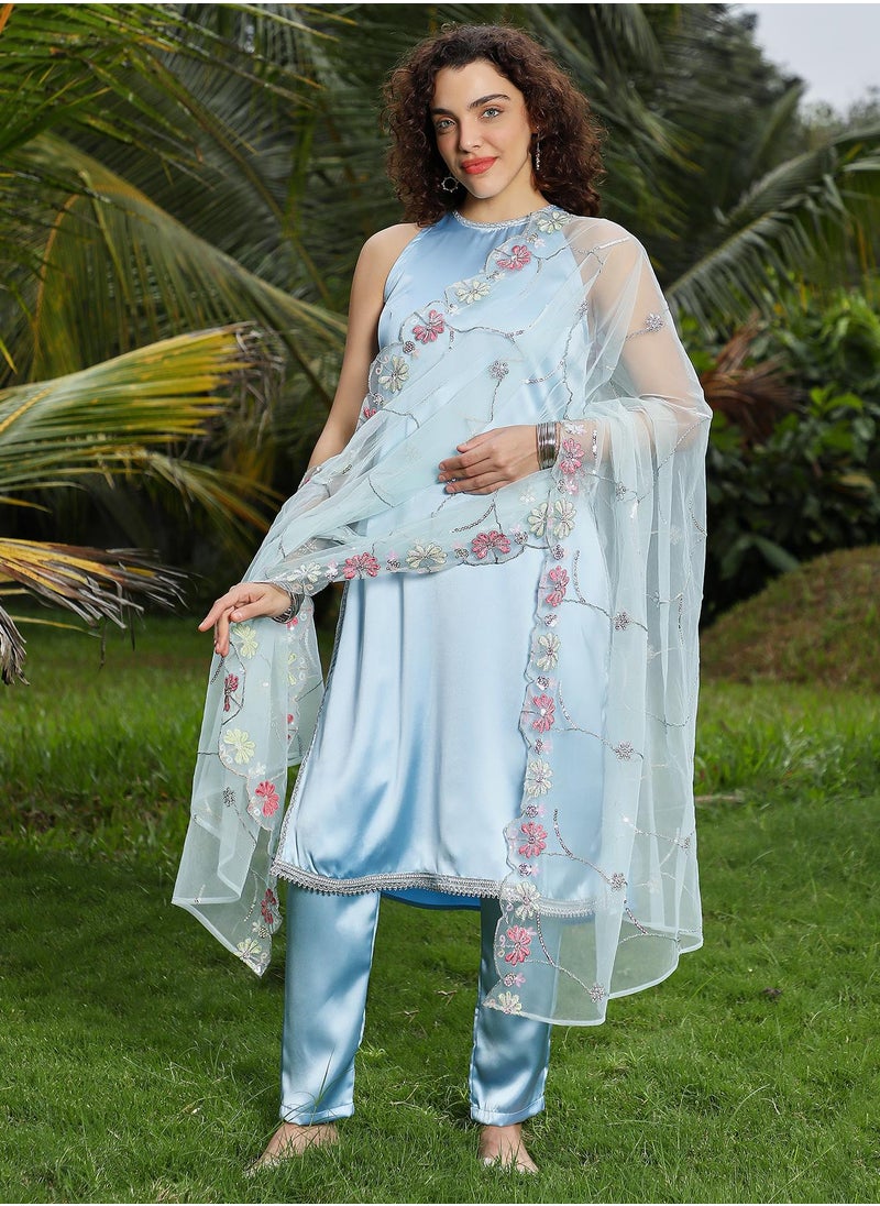 Women's Powder Blue Blush Bloom Kurta Set